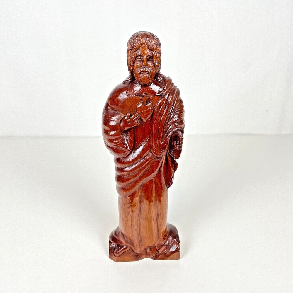 Folk Art Hand Carved Wood 12" Jesus with Heart Signed Dated Artist Ricardo Elias